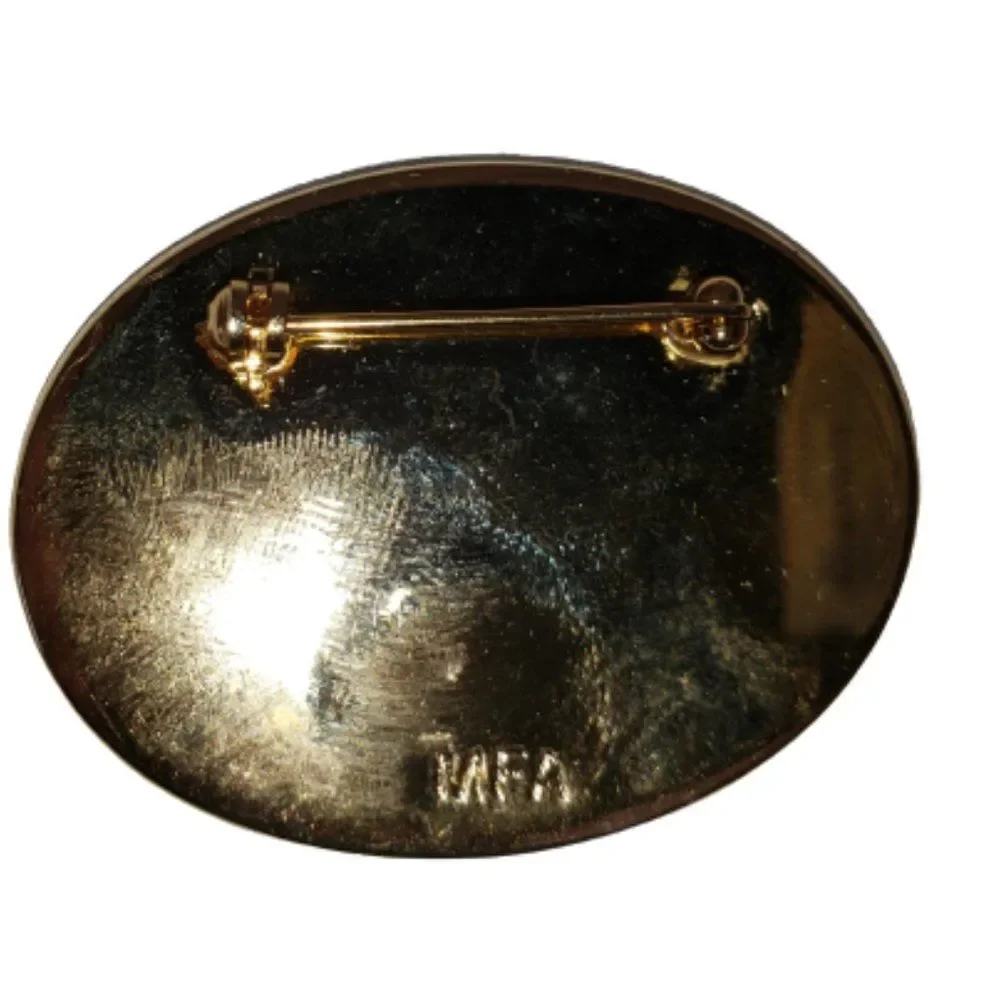 Faux Scrimshaw Brooch Tabby Vintage Cat Mouse Gold Pin MFA Bar Clasp RARE